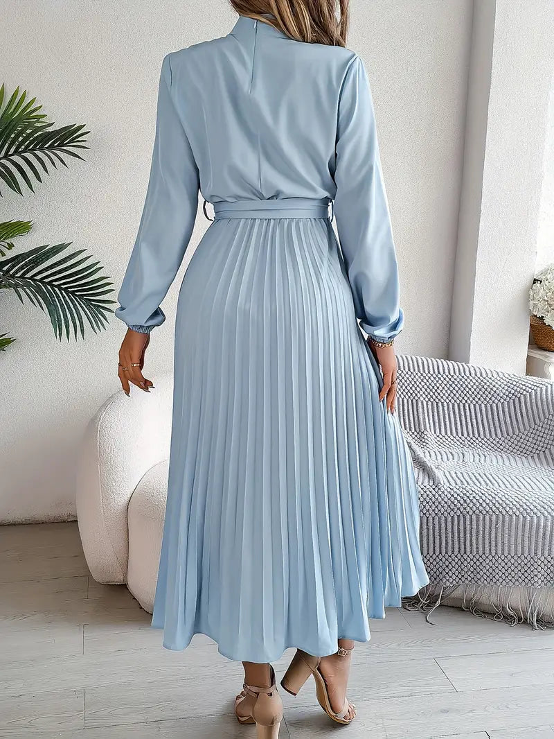 Women's Elegant Pleated Midi Dress | High Neck Long Sleeve with Tie Waist 1