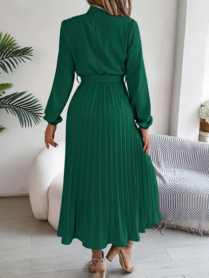 Women's Elegant Pleated Midi Dress | High Neck Long Sleeve with Tie Waist 3
