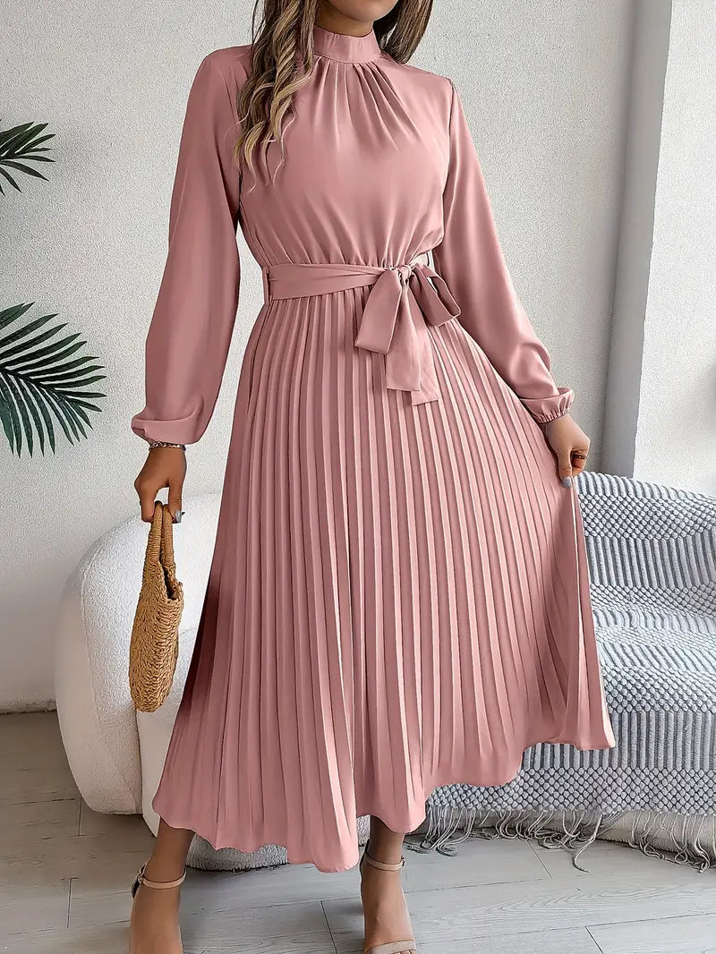Women's Elegant Pleated Midi Dress | High Neck Long Sleeve with Tie Waist 6
