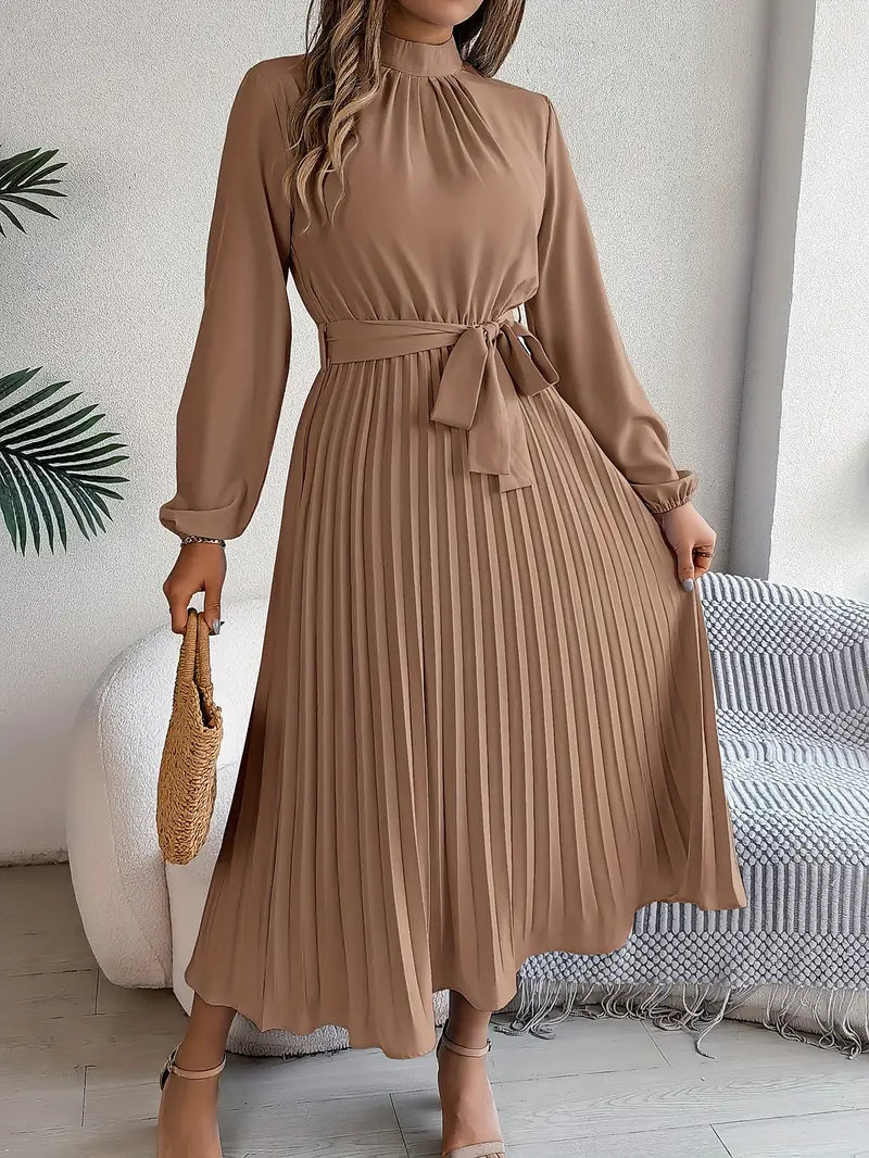 Women's Elegant Pleated Midi Dress | High Neck Long Sleeve with Tie Waist 8