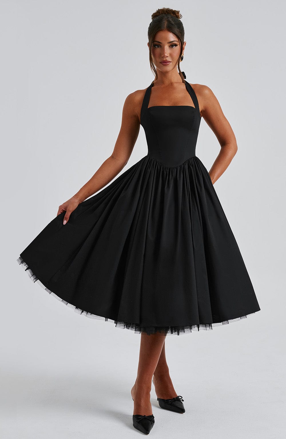 Women's Elegant Tulle Midi Dress | Vintage Halter Neckline with Full Skirt 3