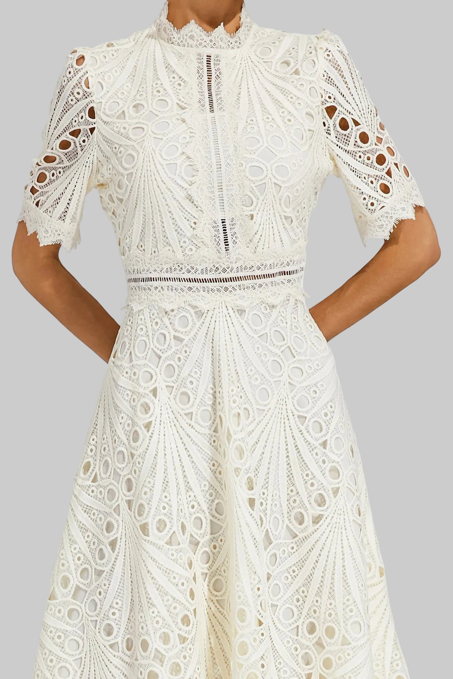 Women's Intricate Lace Dress | Elegant High Neck A-Line Midi Summer Dress 2