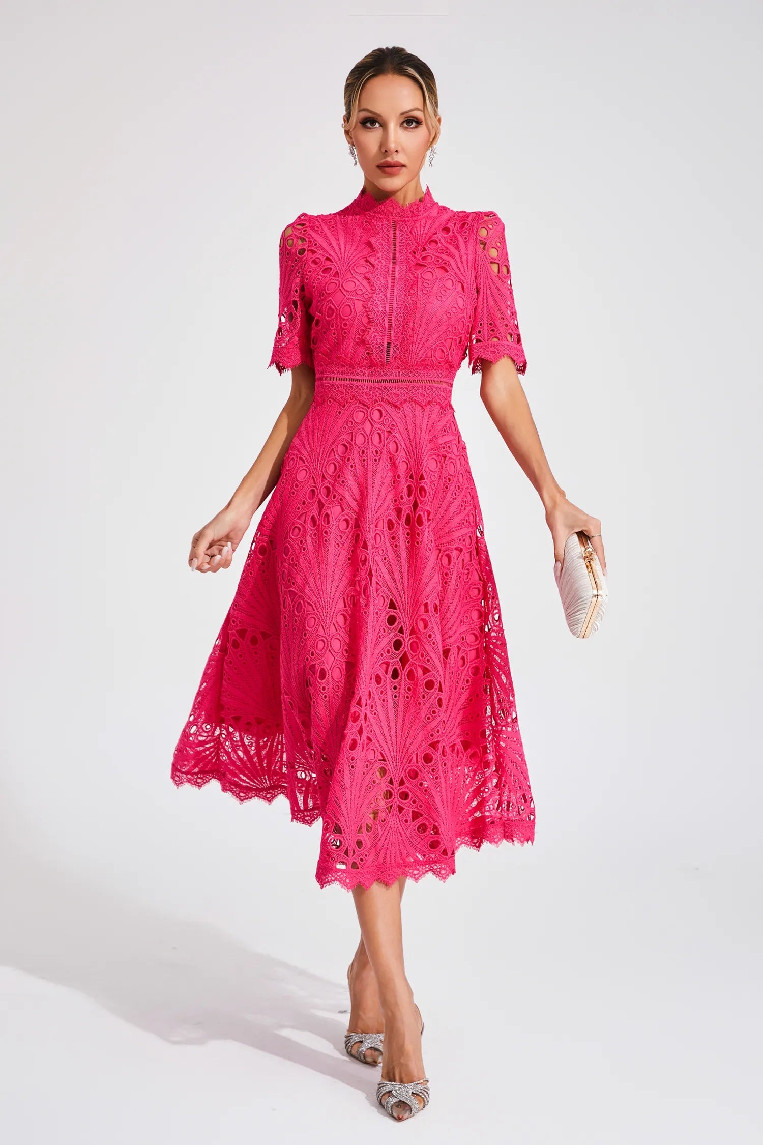 Women's Intricate Lace Dress | Elegant High Neck A-Line Midi Summer Dress 3