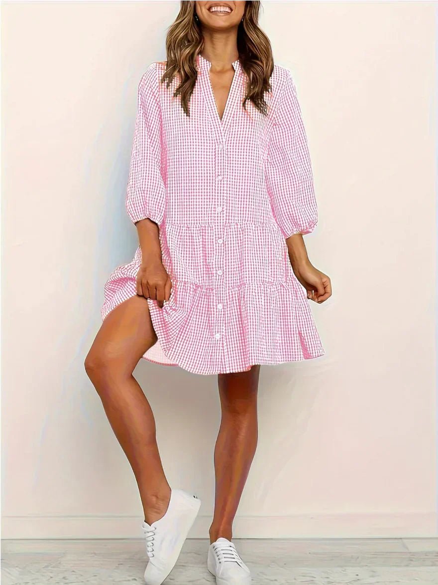 Women's Lightweight Gingham Mini Dress | Playful Tiered Hem with Puff Sleeves 0