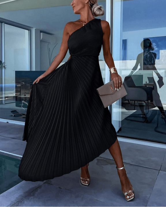 Women's Lightweight Pleated Midi Dress | Modern One-Shoulder Asymmetric Style 3