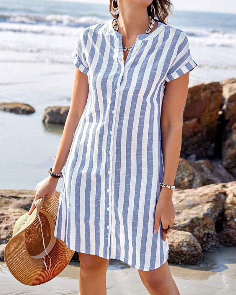 Women's Lightweight Striped Linen Shirt Dress | Casual Summer A-Line Dress 0