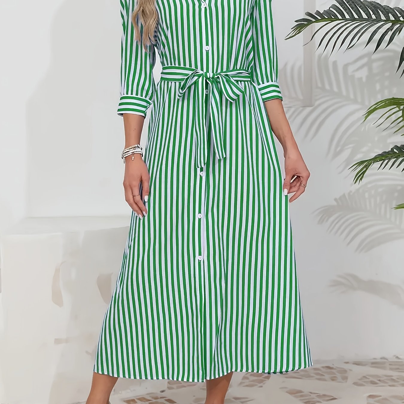 Women's Lightweight Striped Midi Dress | Elegant Tie Waist A-Line Dress 0