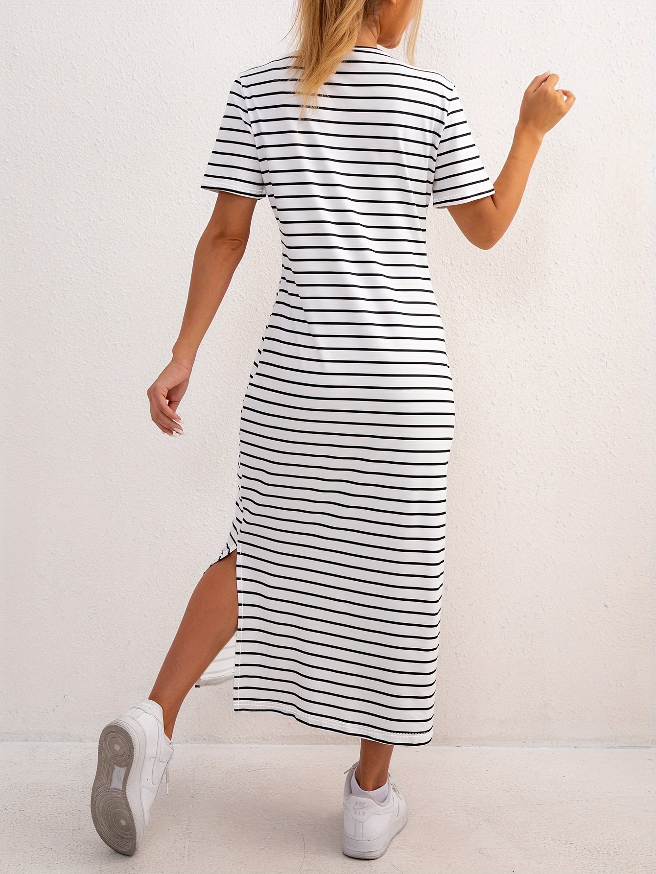 Women's Striped Jersey Midi Dress | Comfortable Casual Summer Dress with Side Split 1