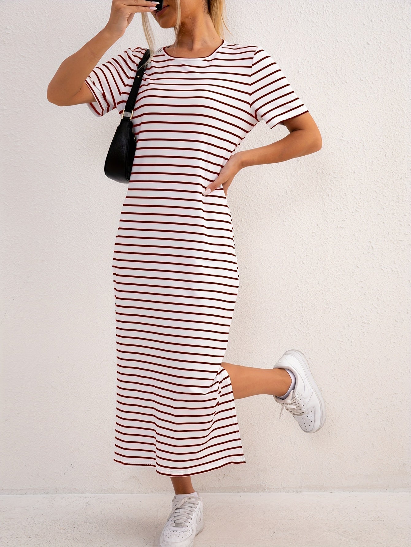 Women's Striped Jersey Midi Dress | Comfortable Casual Summer Dress with Side Split 4