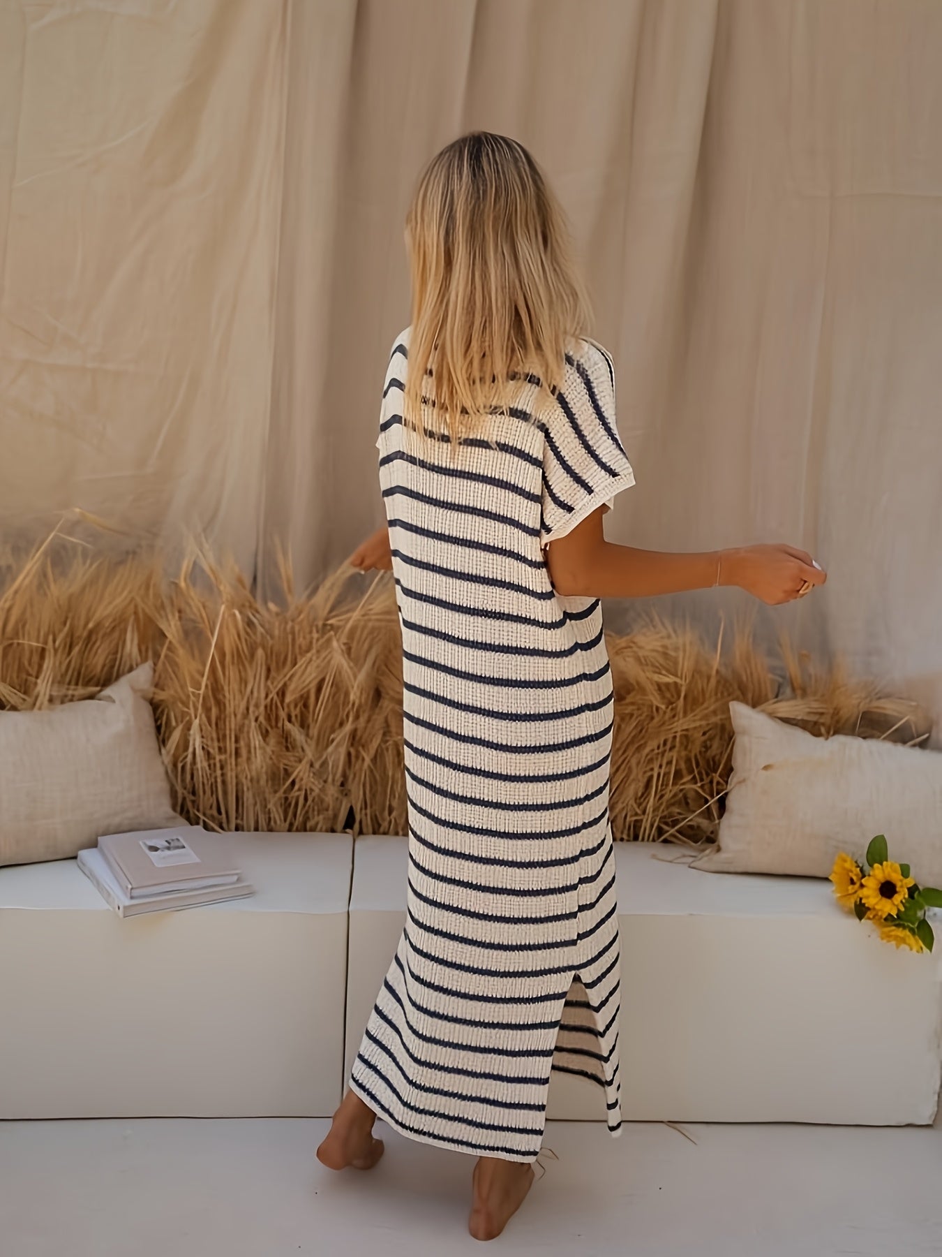 Women's Striped Ribbed Knit Midi Dress | Relaxed V-Neckline Casual Summer Dress 2