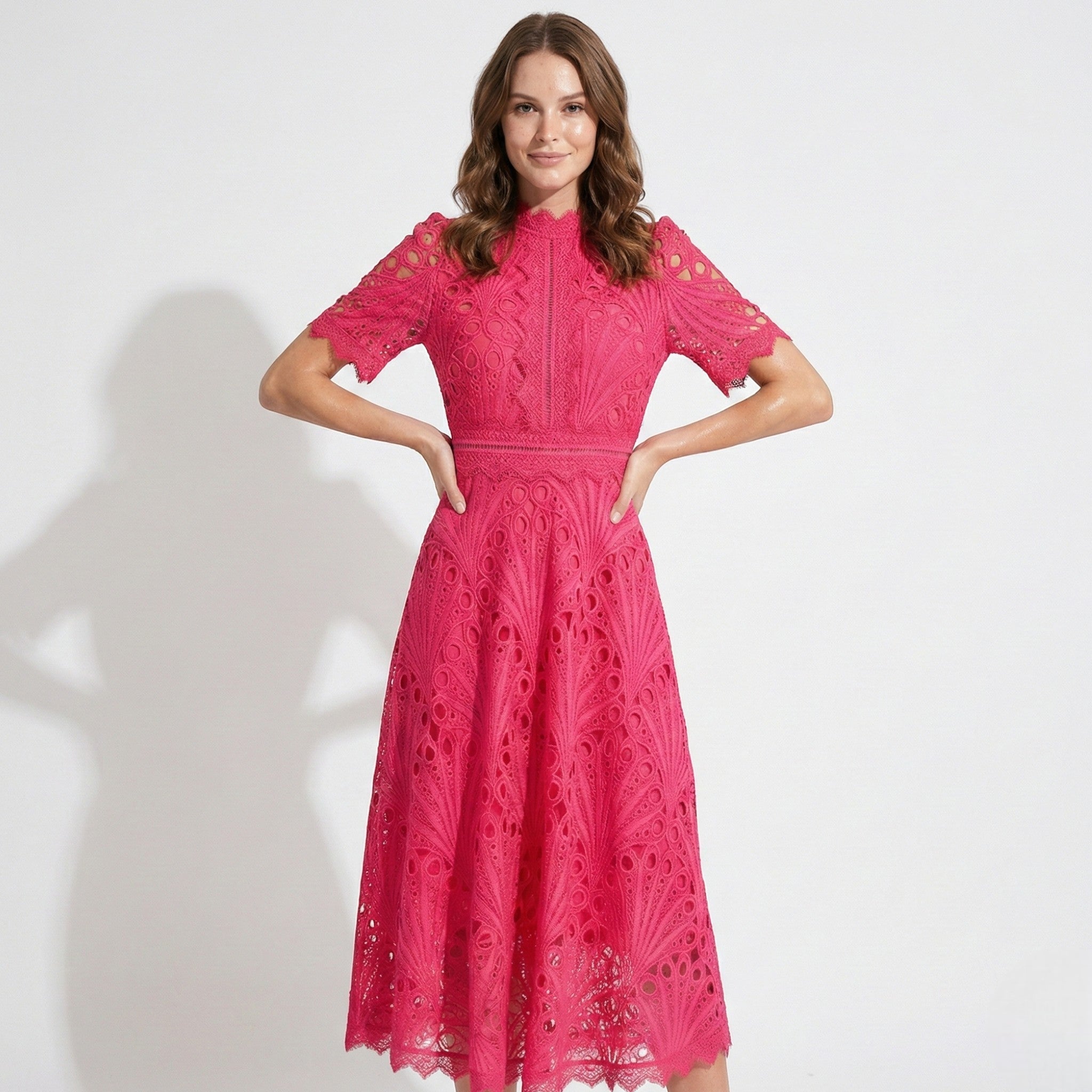 Women's Elegant Lace Midi Dress | High Neck Short Sleeve Cocktail Gown 0