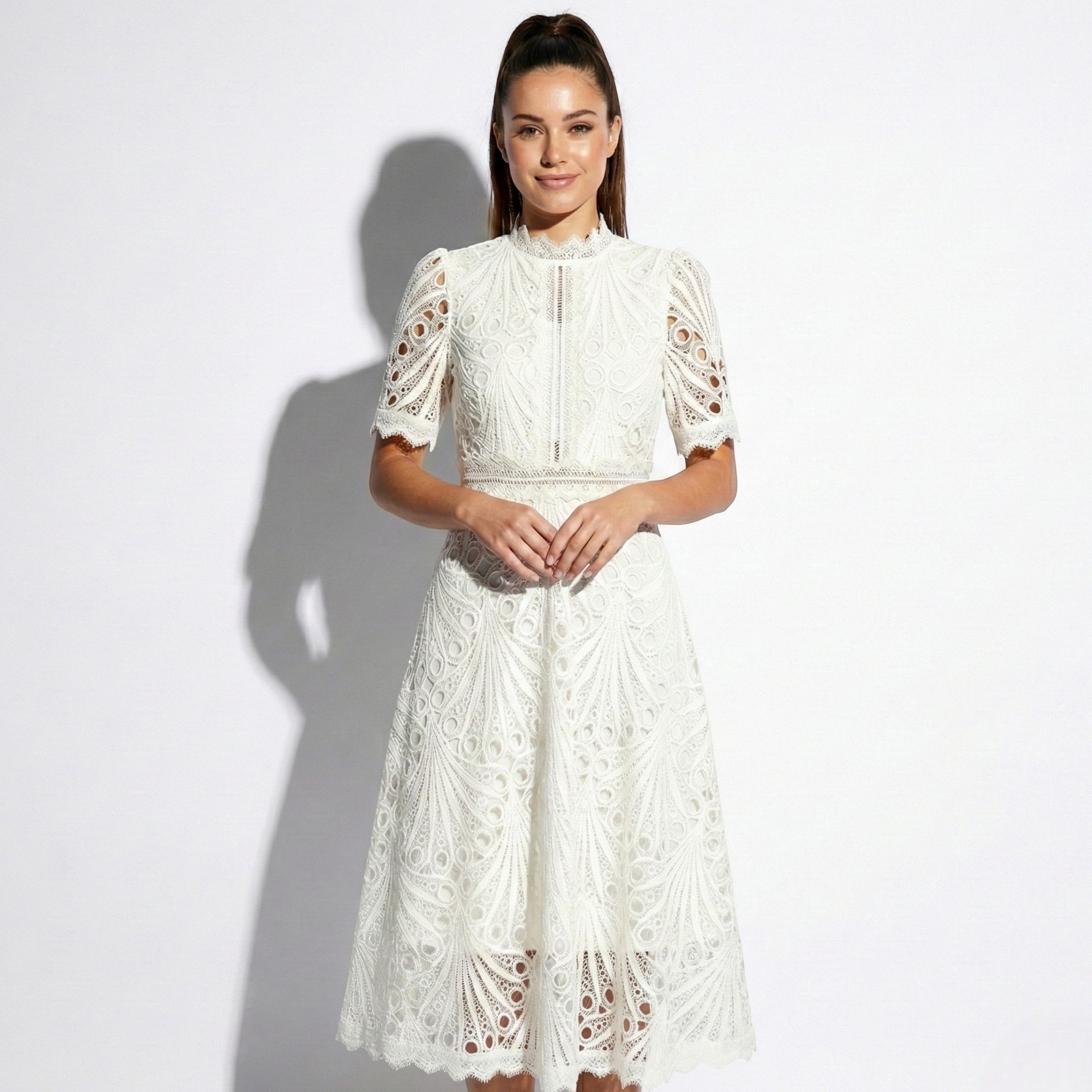 Women's Elegant Lace Midi Dress | High Neck Short Sleeve Cocktail Gown 1