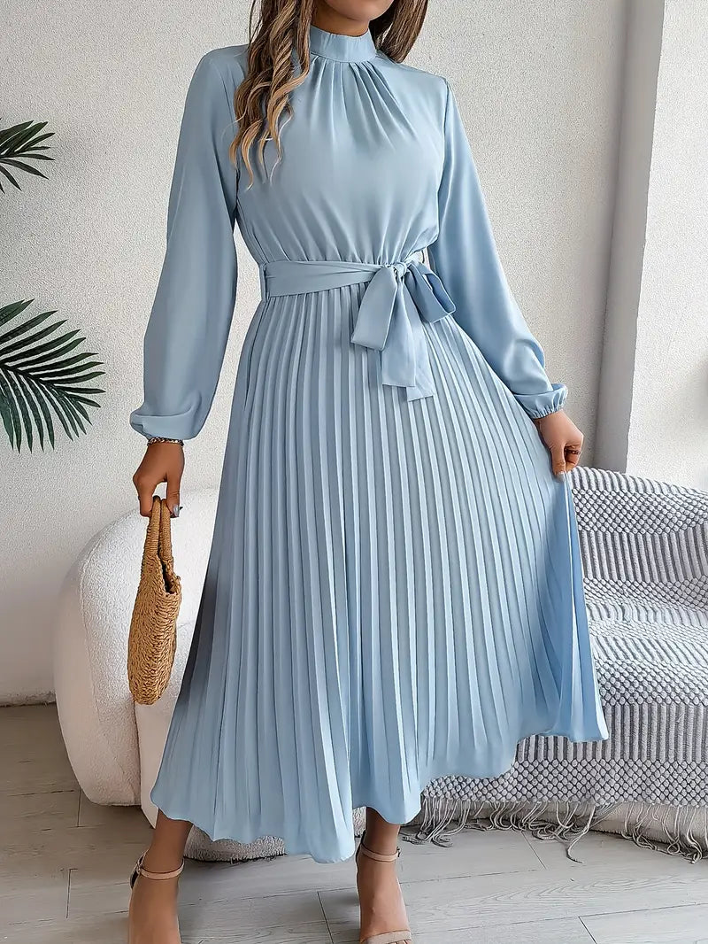 Women's Elegant Pleated Midi Dress | High Neck Long Sleeve with Tie Waist 0