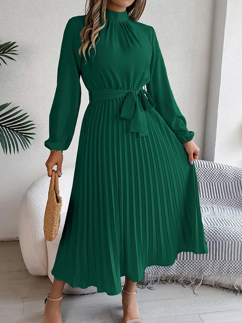 Women's Elegant Pleated Midi Dress | High Neck Long Sleeve with Tie Waist 2