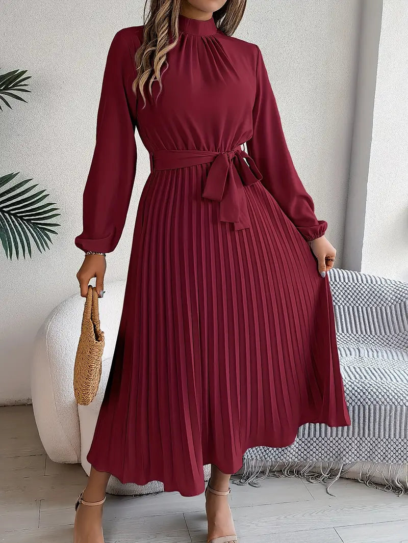 Women's Elegant Pleated Midi Dress | High Neck Long Sleeve with Tie Waist 4