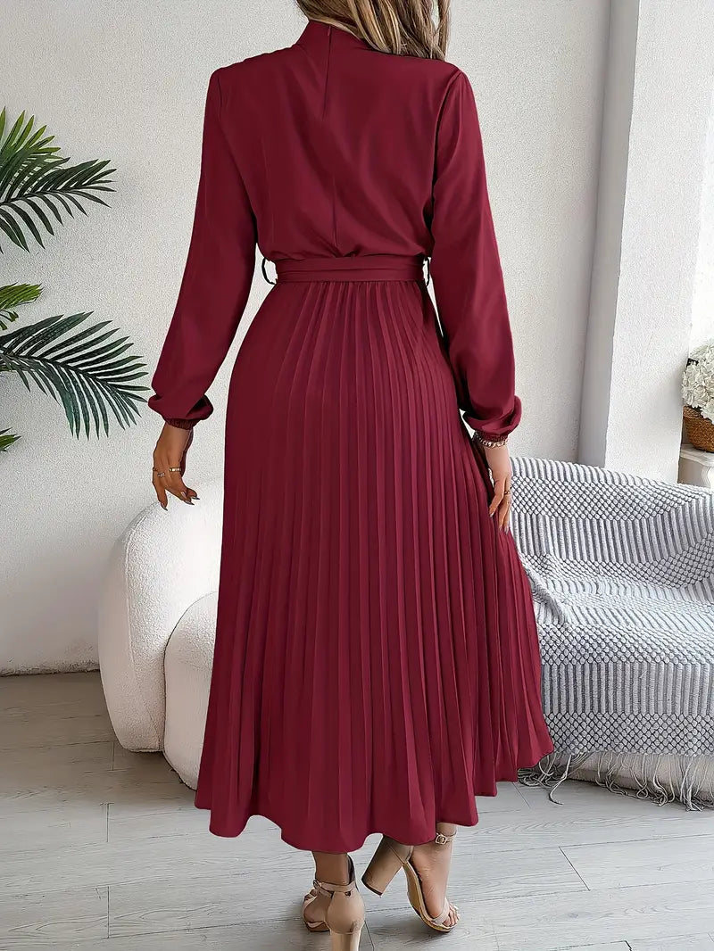 Women's Elegant Pleated Midi Dress | High Neck Long Sleeve with Tie Waist 5