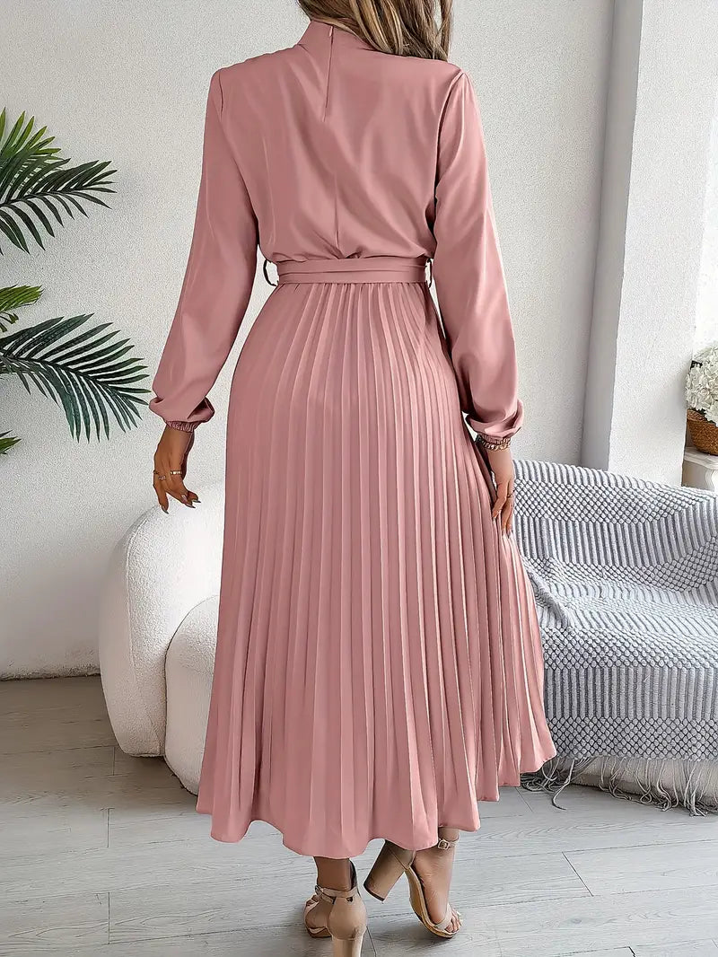 Women's Elegant Pleated Midi Dress | High Neck Long Sleeve with Tie Waist 7