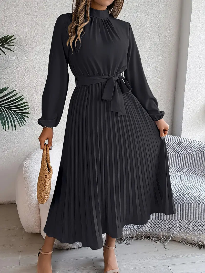 Women's Elegant Pleated Midi Dress | High Neck Long Sleeve with Tie Waist 9