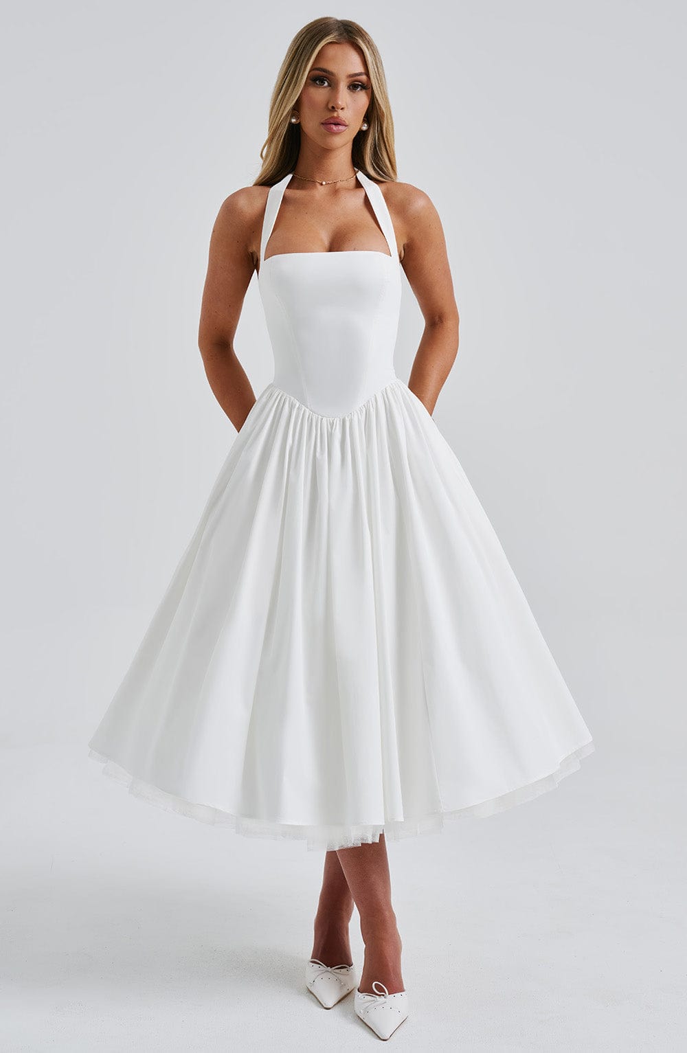 Women's Elegant Tulle Midi Dress | Vintage Halter Neckline with Full Skirt 0