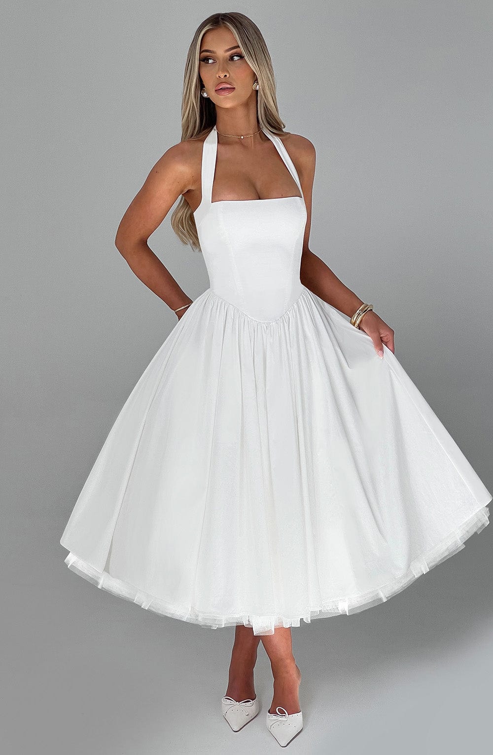 Women's Elegant Tulle Midi Dress | Vintage Halter Neckline with Full Skirt 1