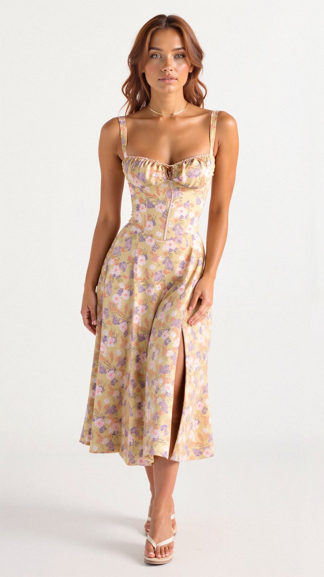 Women's Floral Midi Dress | Elegant Lightweight Summer Dress with Corset Back 0