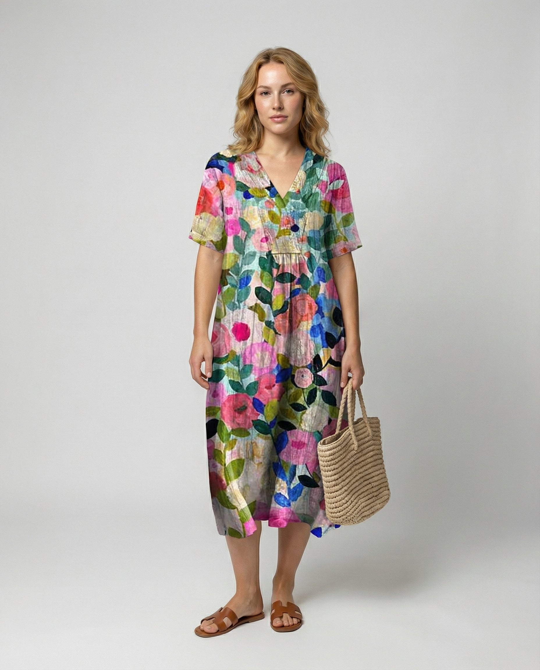 Women's Floral Print Linen Midi Dress | Relaxed Comfortable Summer Dresses 0