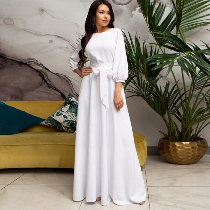 Women's Flowing Fabric Maxi Dress | Elegant Round Neckline with Self-Tie Waist 0