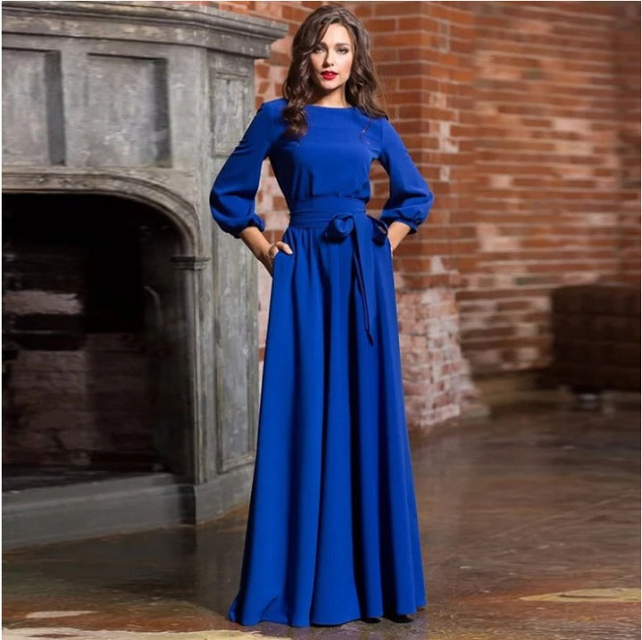 Women's Flowing Fabric Maxi Dress | Elegant Round Neckline with Self-Tie Waist 1