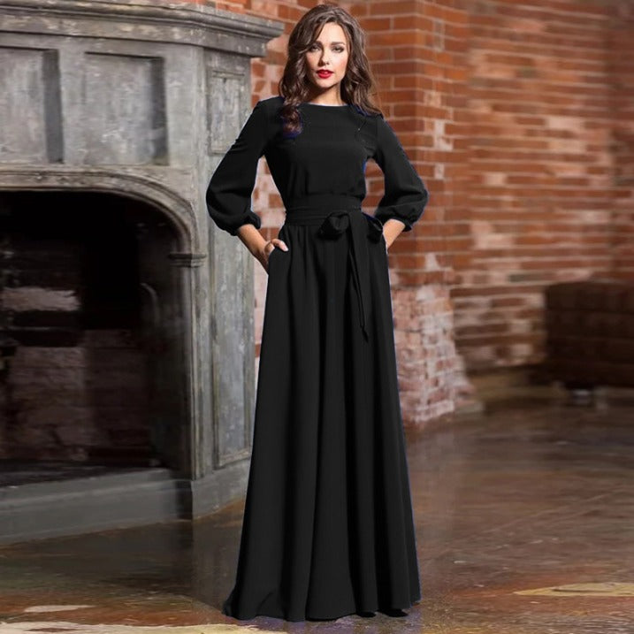 Women's Flowing Fabric Maxi Dress | Elegant Round Neckline with Self-Tie Waist 2