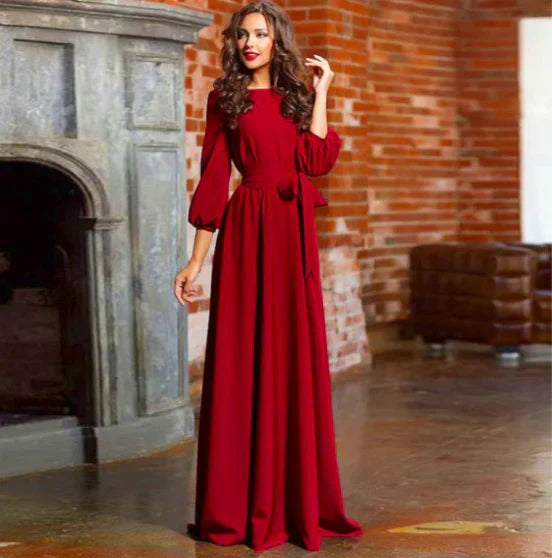 Women's Flowing Fabric Maxi Dress | Elegant Round Neckline with Self-Tie Waist 3
