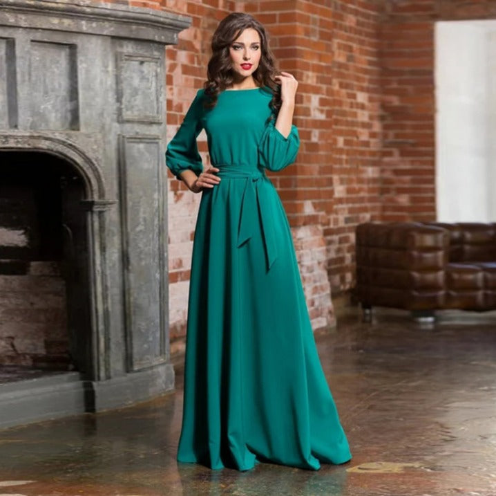 Women's Flowing Fabric Maxi Dress | Elegant Round Neckline with Self-Tie Waist 4