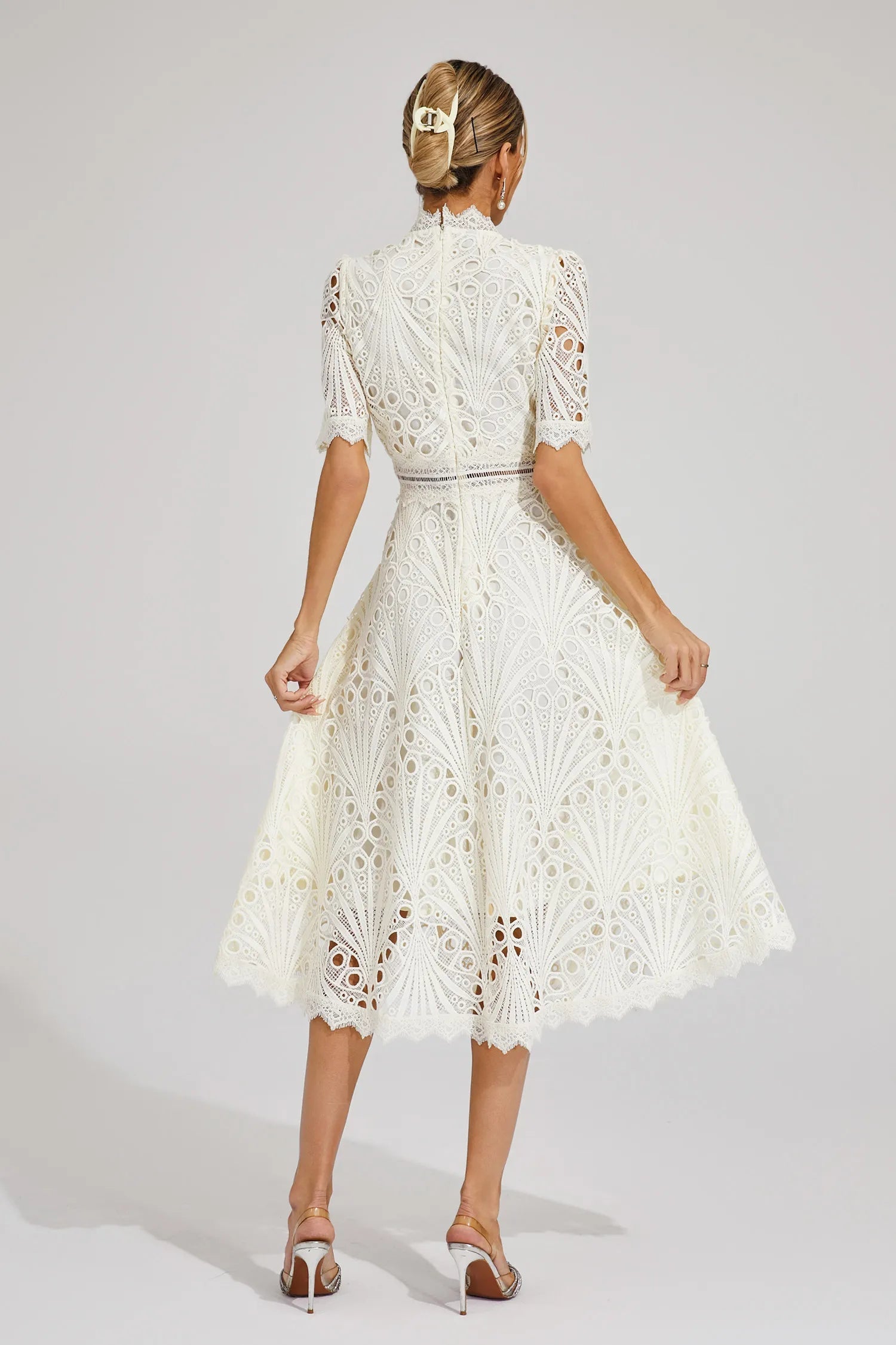 Women's Intricate Lace Dress | Elegant High Neck A-Line Midi Summer Dress 1