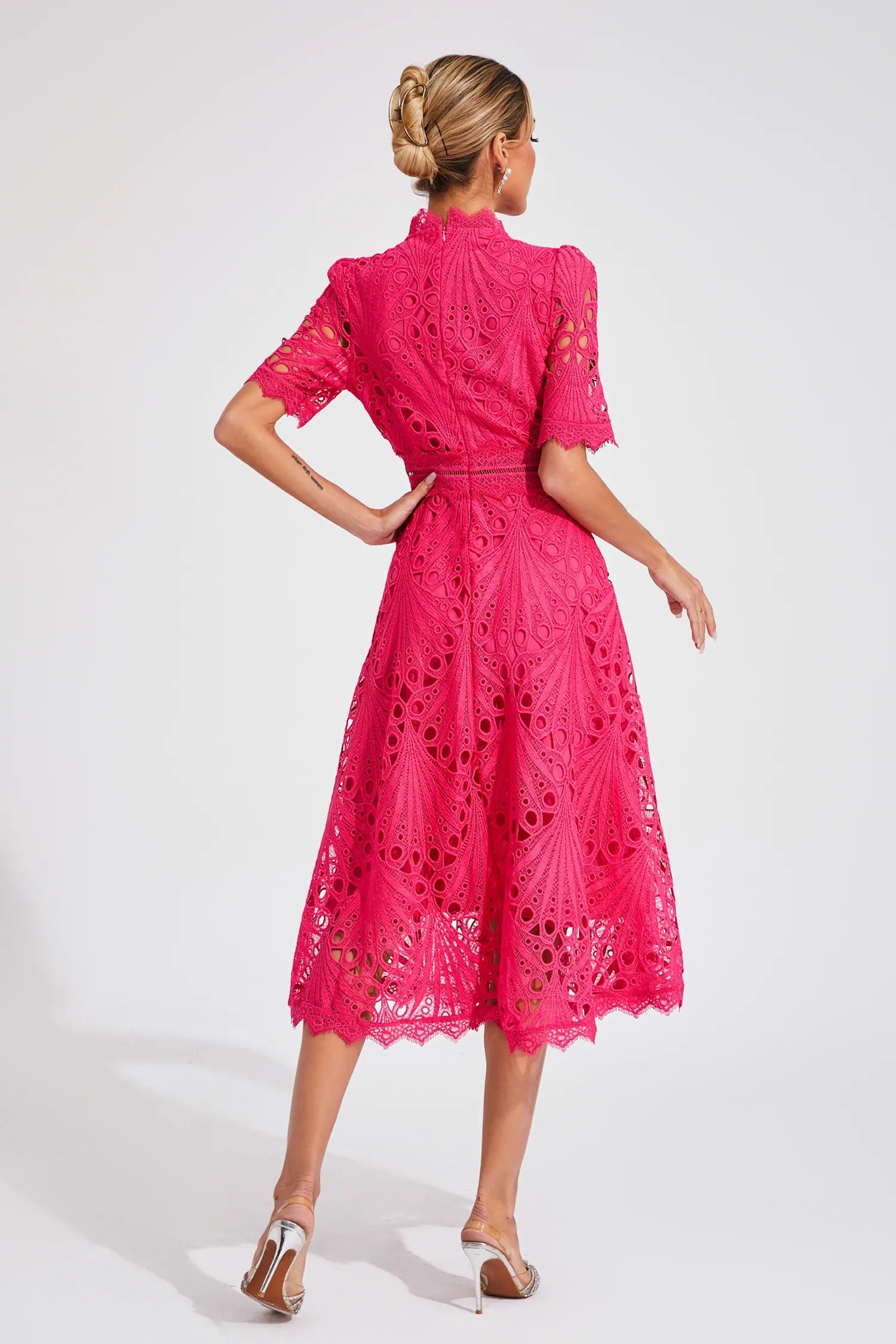 Women's Intricate Lace Dress | Elegant High Neck A-Line Midi Summer Dress 4