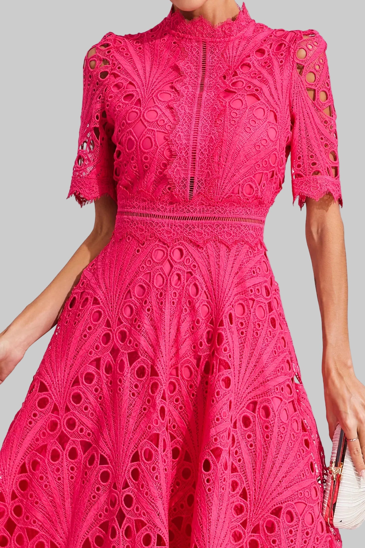 Women's Intricate Lace Dress | Elegant High Neck A-Line Midi Summer Dress 5