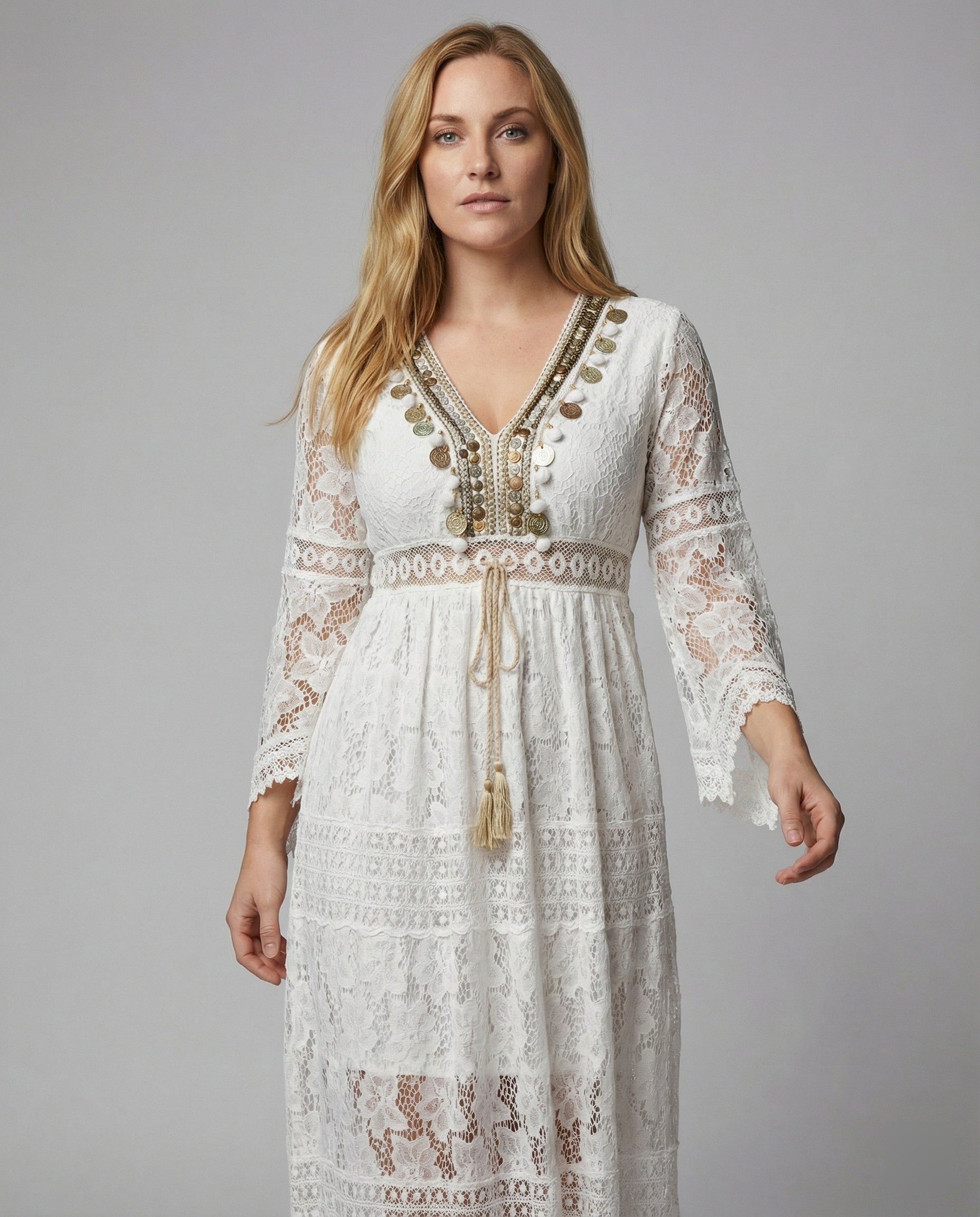 Women's Lace Maxi Dress | Elegant Bohemian Style with Bell Sleeves 0