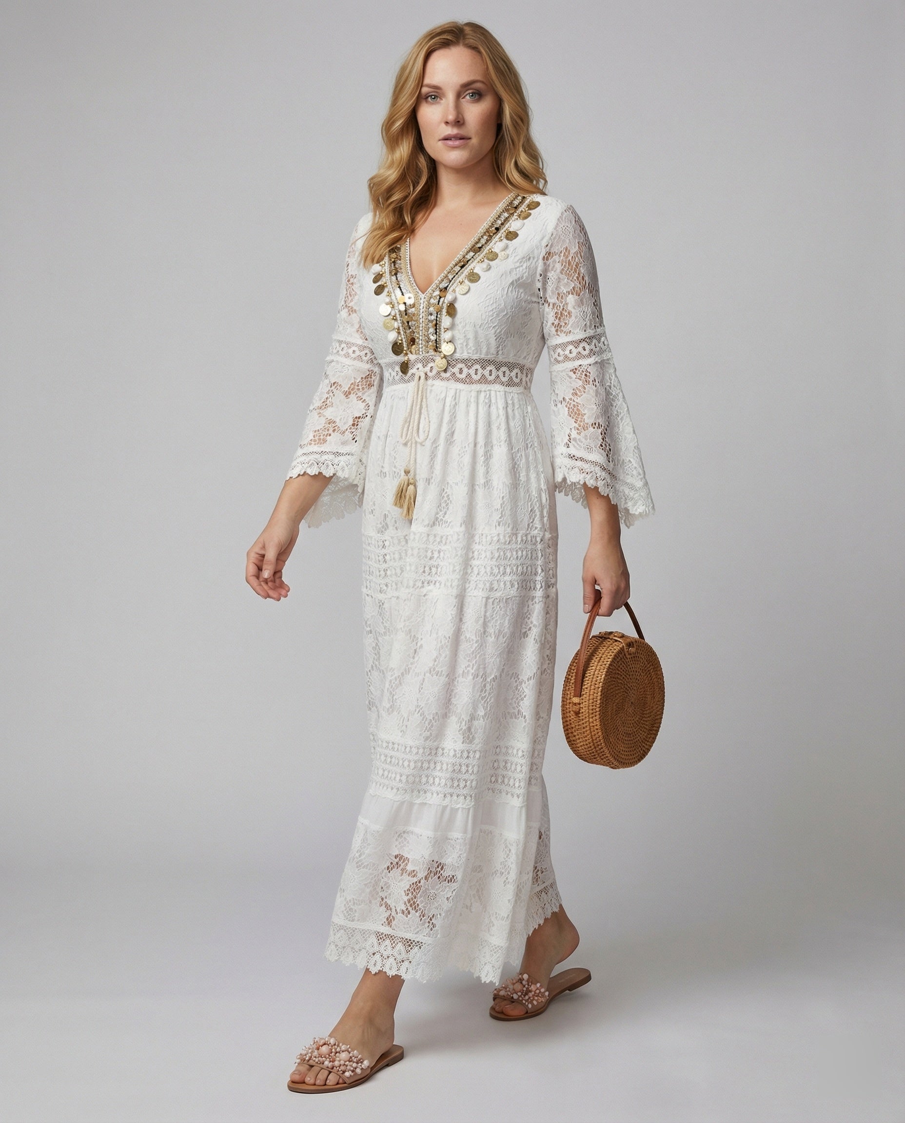 Women's Lace Maxi Dress | Elegant Bohemian Style with Bell Sleeves 1