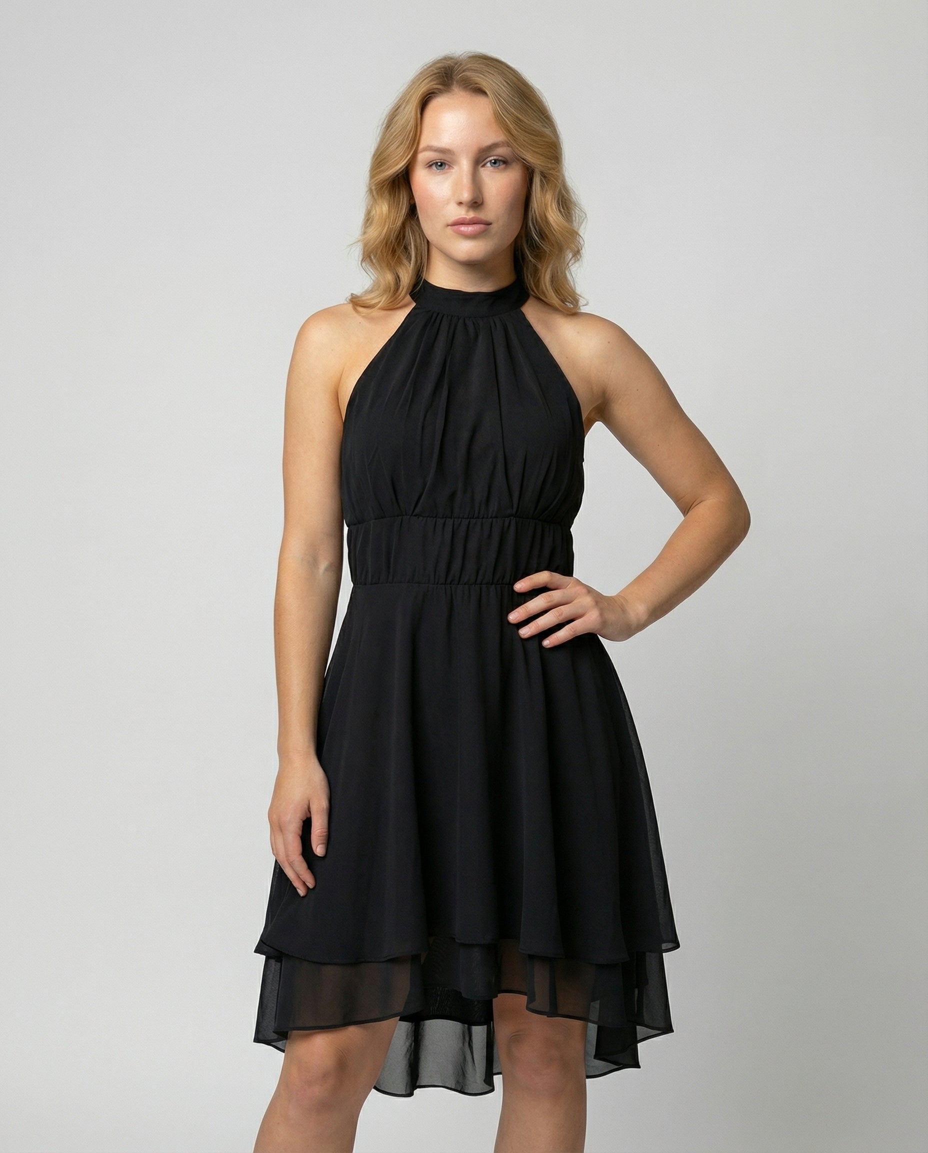 Women's Lightweight Chiffon Halter Neck Dress | Elegant Layered Midi Wedding Guest Dress 0