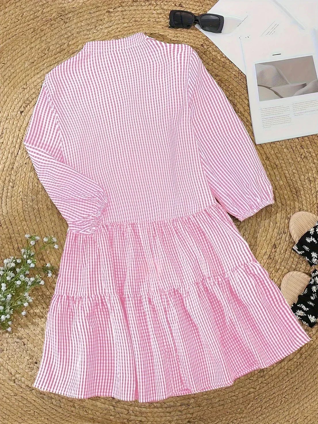 Women's Lightweight Gingham Mini Dress | Playful Tiered Hem with Puff Sleeves 1