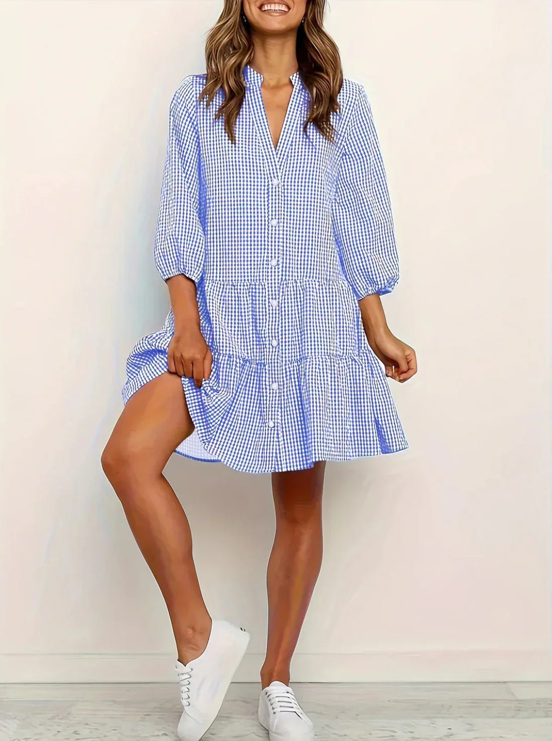 Women's Lightweight Gingham Mini Dress | Playful Tiered Hem with Puff Sleeves 2