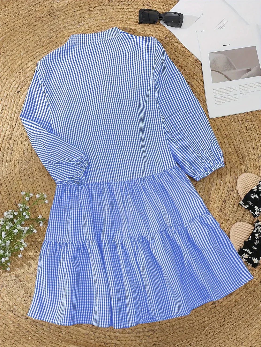 Women's Lightweight Gingham Mini Dress | Playful Tiered Hem with Puff Sleeves 3