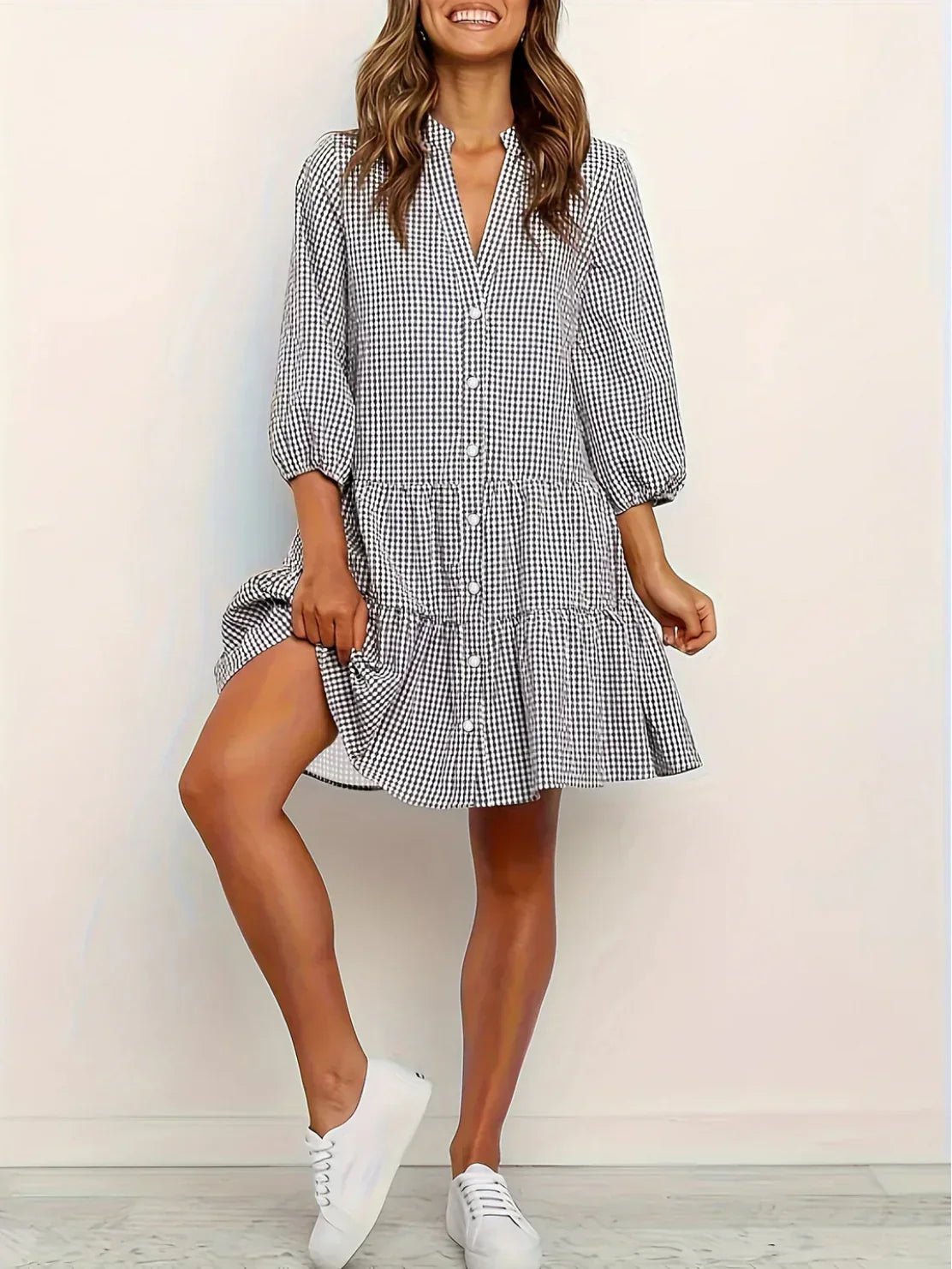 Women's Lightweight Gingham Mini Dress | Playful Tiered Hem with Puff Sleeves 4