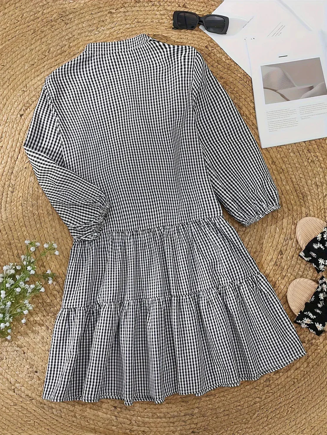 Women's Lightweight Gingham Mini Dress | Playful Tiered Hem with Puff Sleeves 5