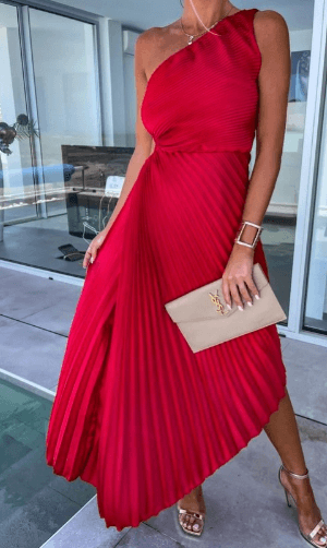 Women's Lightweight Pleated Midi Dress | Modern One-Shoulder Asymmetric Style 1