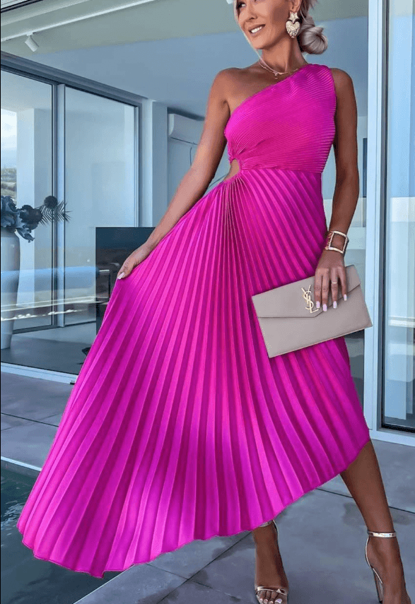 Women's Lightweight Pleated Midi Dress | Modern One-Shoulder Asymmetric Style 2