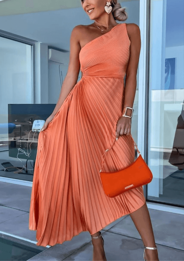 Women's Lightweight Pleated Midi Dress | Modern One-Shoulder Asymmetric Style 4