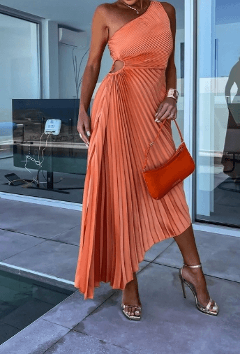 Women's Lightweight Pleated Midi Dress | Modern One-Shoulder Asymmetric Style 5