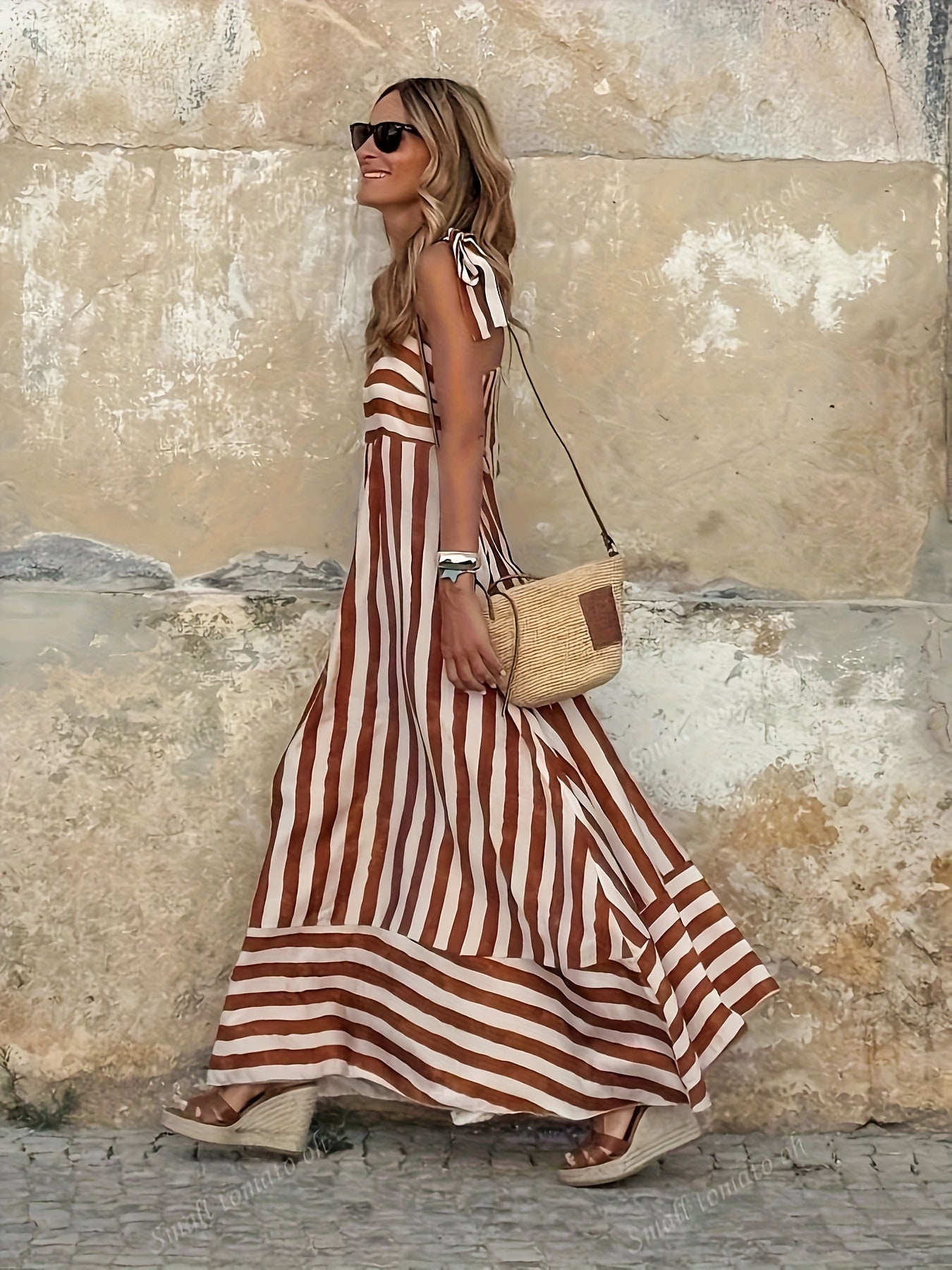 Women's Lightweight Striped Maxi Dress | Elegant Tie Spaghetti Straps 1