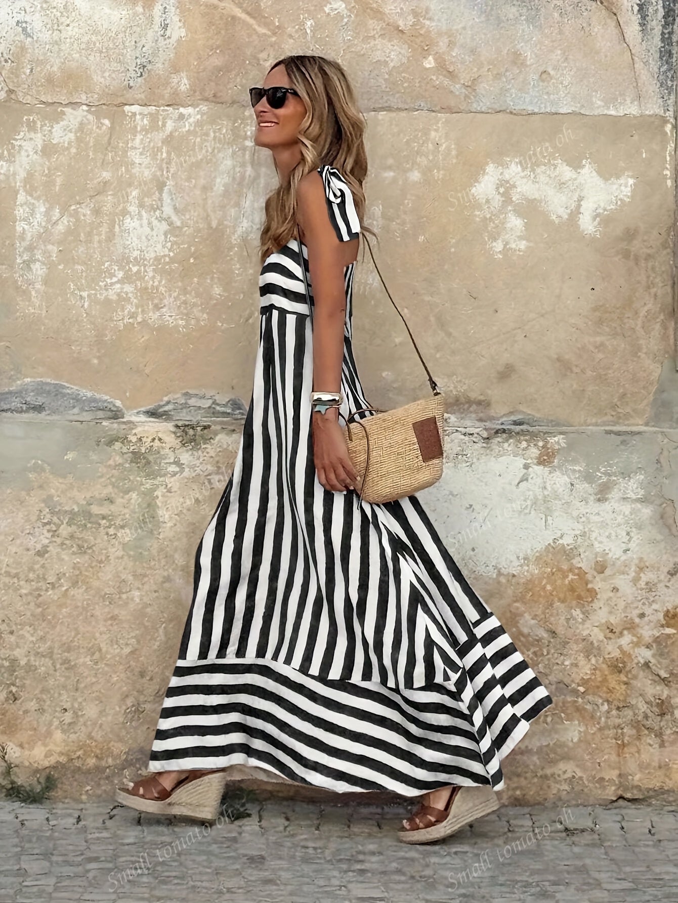 Women's Lightweight Striped Maxi Dress | Elegant Tie Spaghetti Straps 3