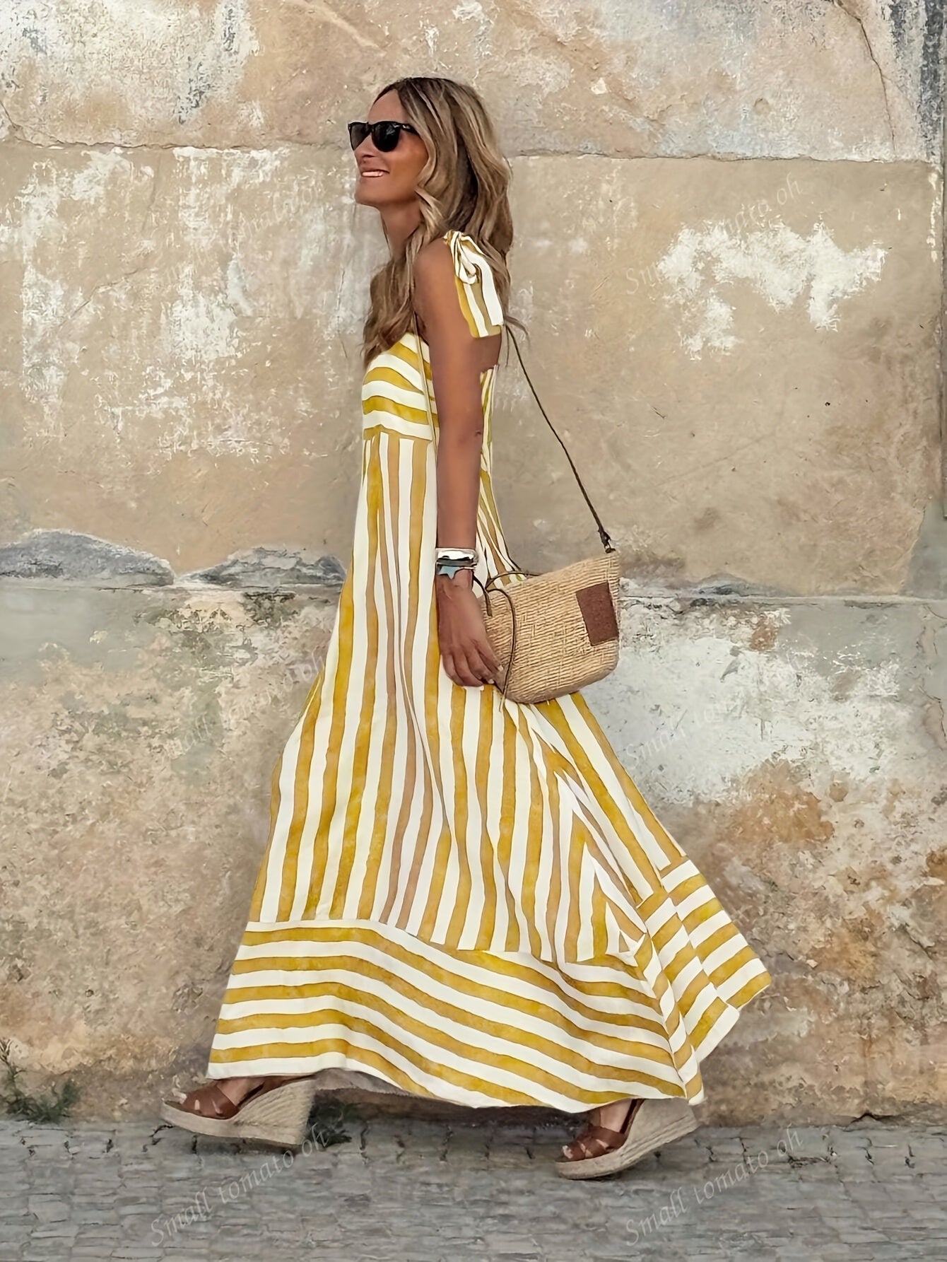 Women's Lightweight Striped Maxi Dress | Elegant Tie Spaghetti Straps 4