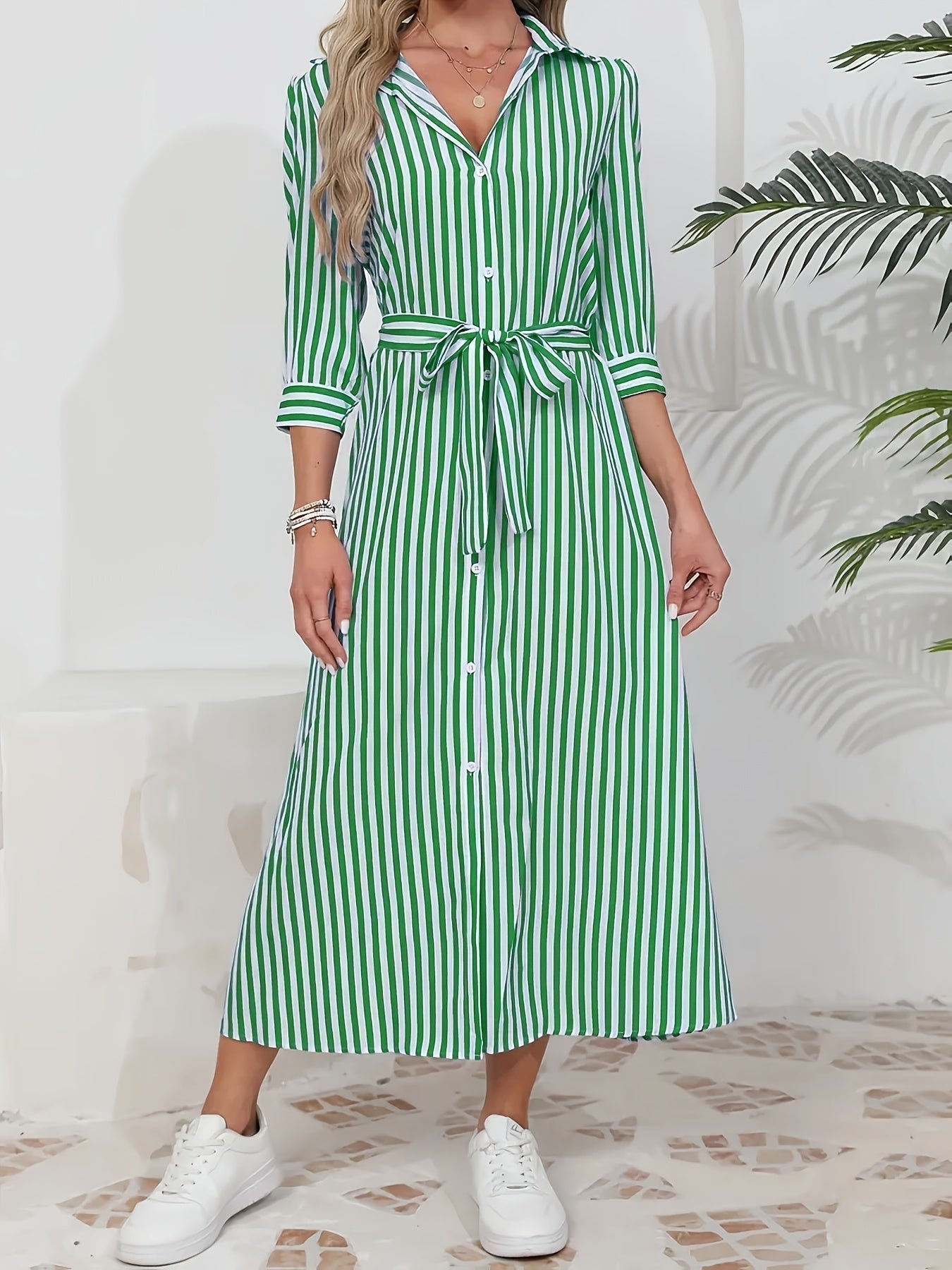 Women's Lightweight Striped Midi Dress | Elegant Tie Waist A-Line Dress 1